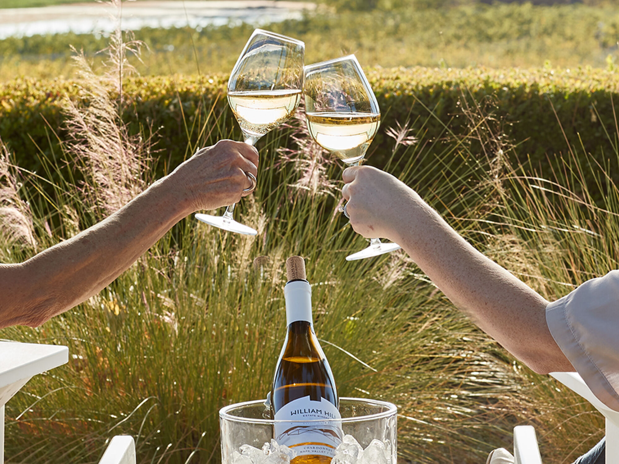 Two people toasting with William Hill Chardonnay